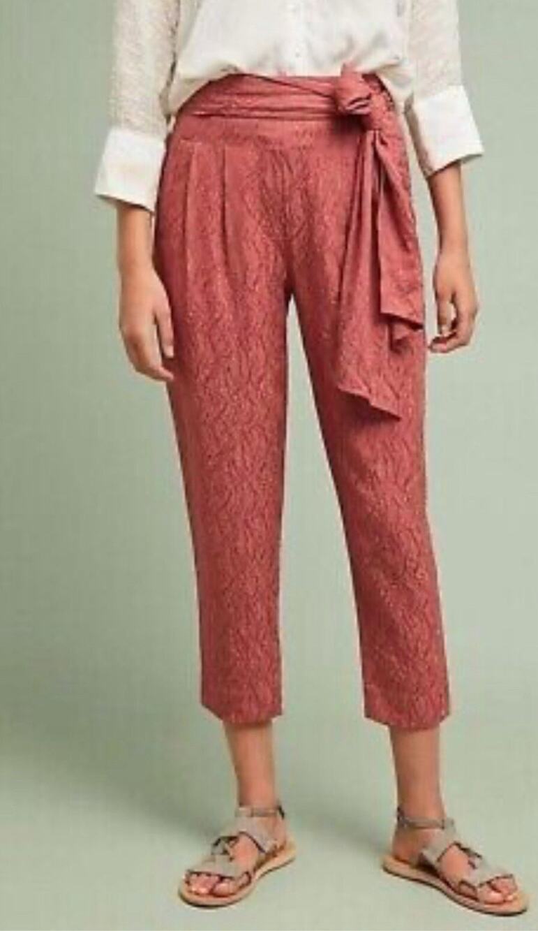 Anthropologie ETT:TWA Rose Jacquard AUBADE TIE-WAIST PANTS Tapered Cropped 12